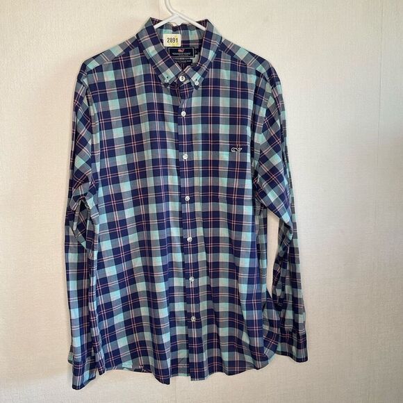 Vineyard Vines Shirt Men Large Blue‎ Check Performance Slim Fit Tucker Cotton - Picture 4 of 9